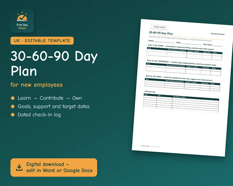 Cover of the 30-60-90 Day Plan template for new employees