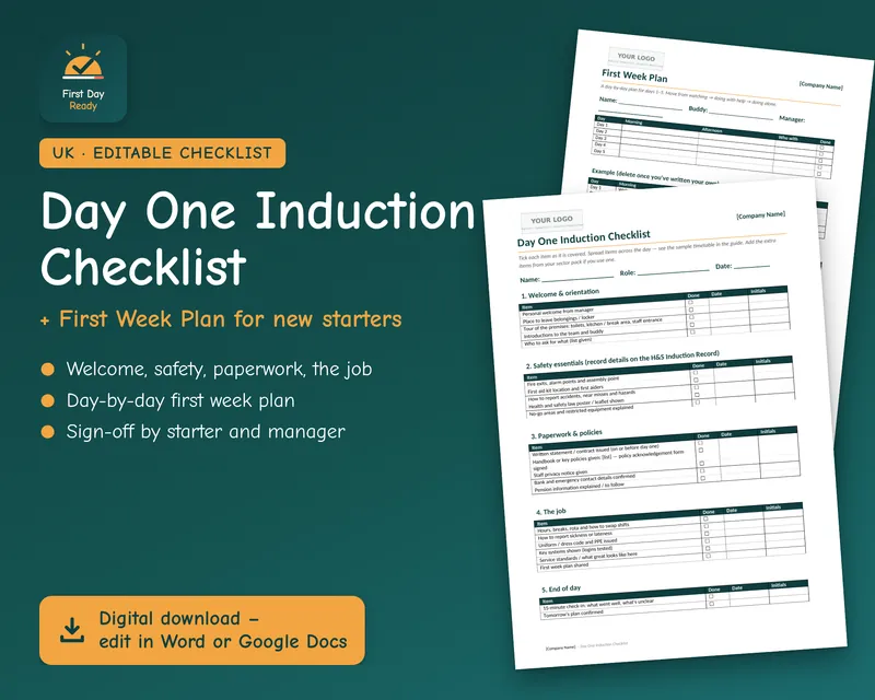 Cover of the Day One Induction Checklist and First Week Plan, showing both editable A4 templates