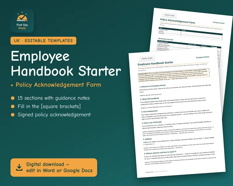 Cover of the Employee Handbook Starter and Policy Acknowledgement Form templates