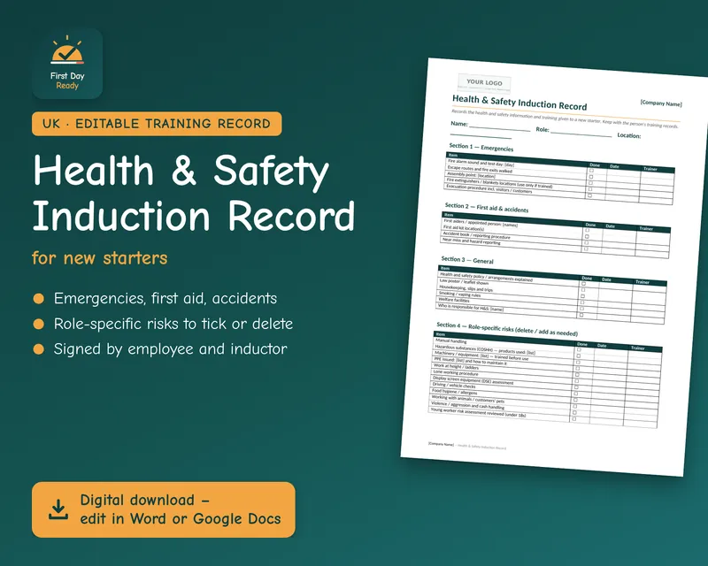 Cover of the Health and Safety Induction Record template