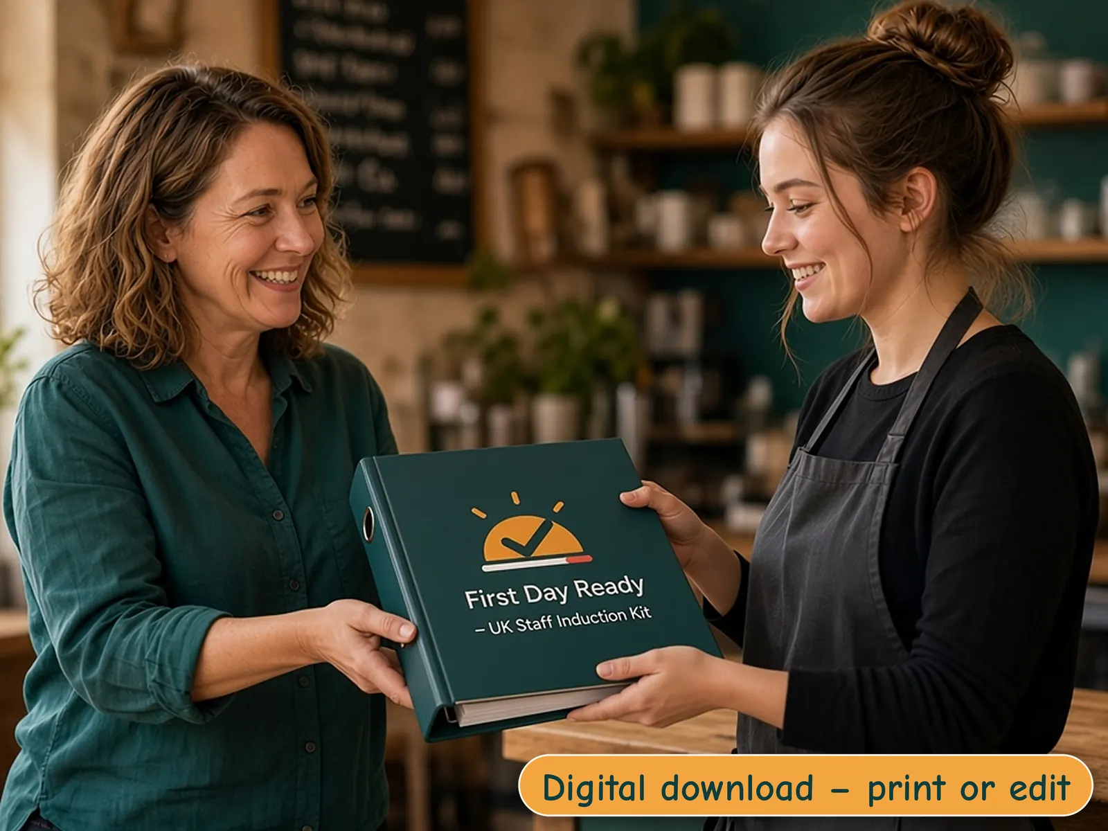 A café manager smiling as she hands a new team member a First Day Ready staff induction folder