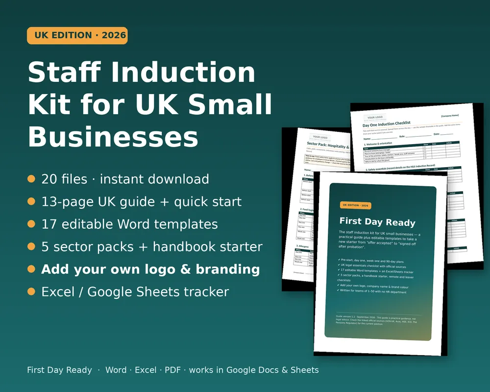 Cover of the First Day Ready Staff Induction Kit for UK small businesses: 20 files, instant download