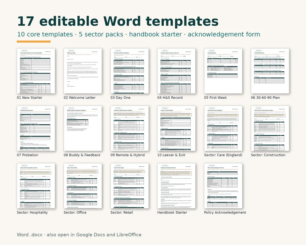 Preview of the editable Word induction templates included in the kit