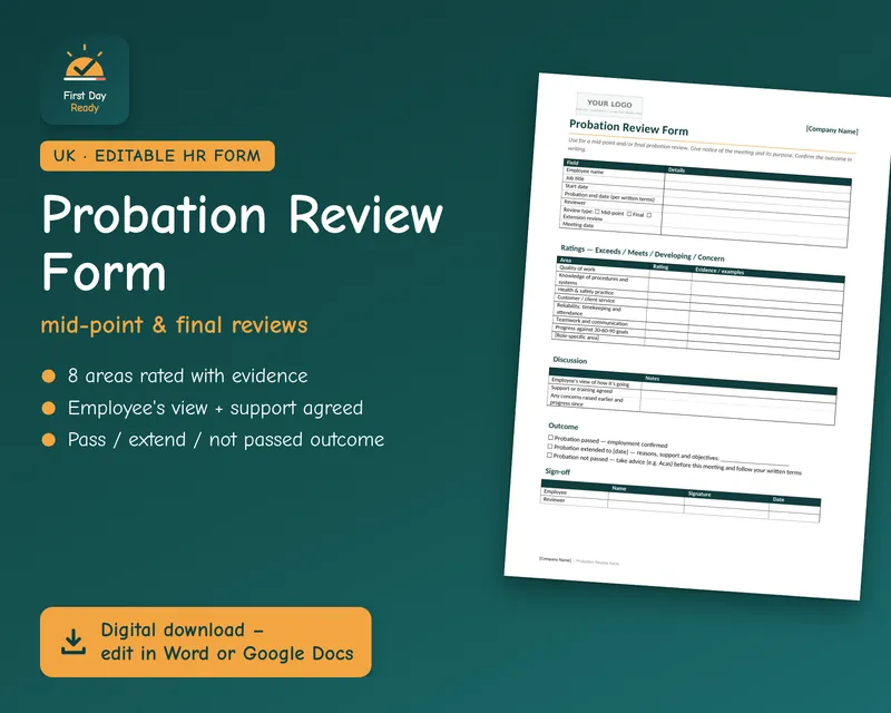 Cover of the Probation Review Form template