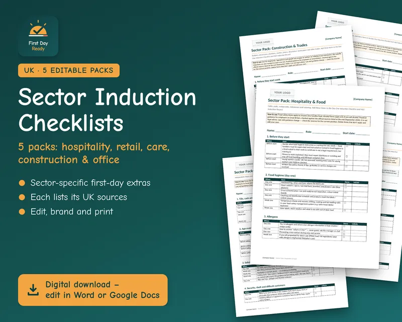 Cover of the five Sector Induction Packs: hospitality, retail, care, construction and office