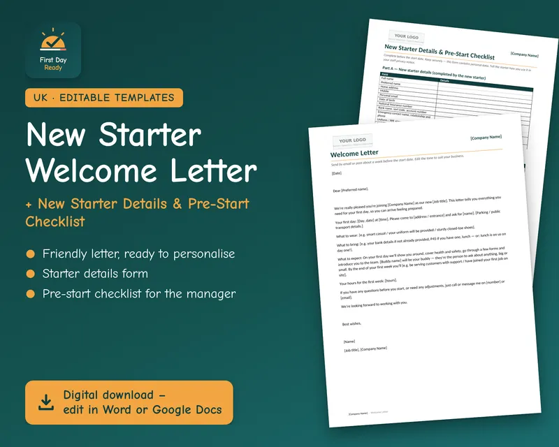 Cover of the New Starter Welcome Letter and Pre-Start Checklist templates